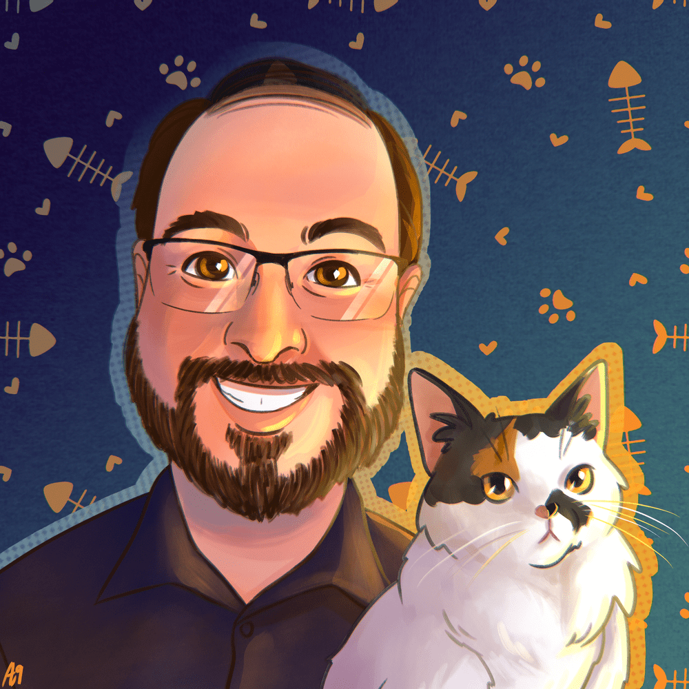 Illustration of Adam and his cat Phryne